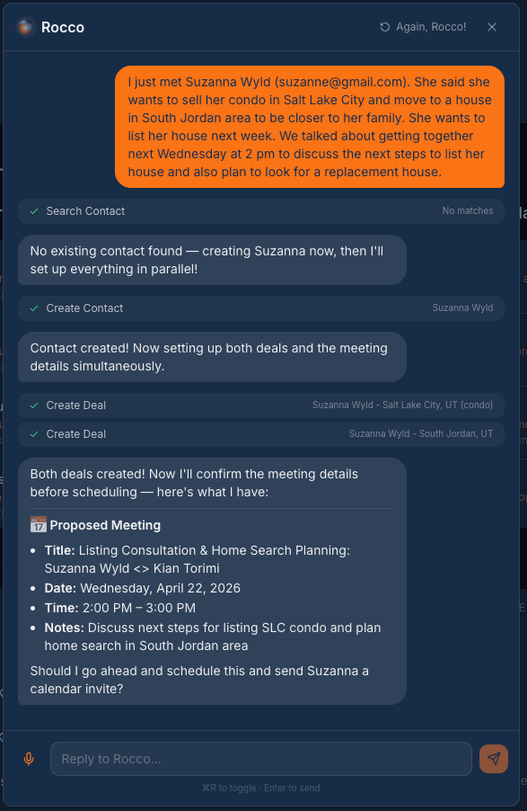 A Rocco AI chat interaction adding a contact, deal, and follow-up